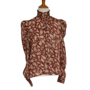 Victorian Puff Sleeve Blouse Semi Sheer Paisley Metallic Career Fall Women Small